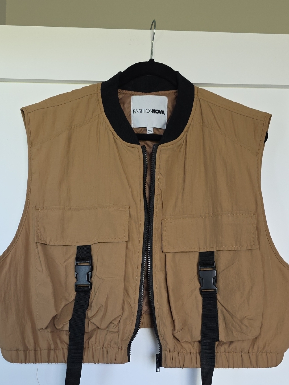 Fashion Nova Tan Utility Vest with Black Collar